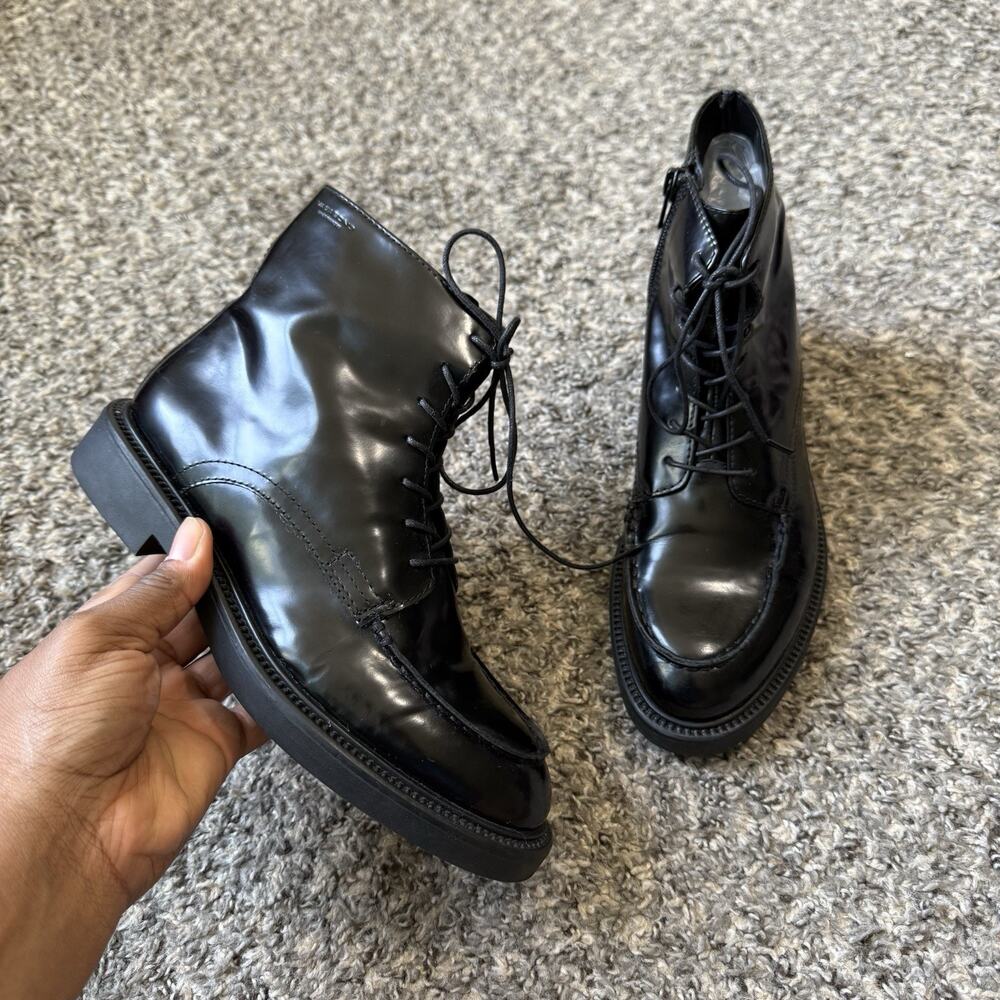Vagabond Shoemakers Black Patent Leather Ankle Boots Lace Up Zip Combat 36 US 6